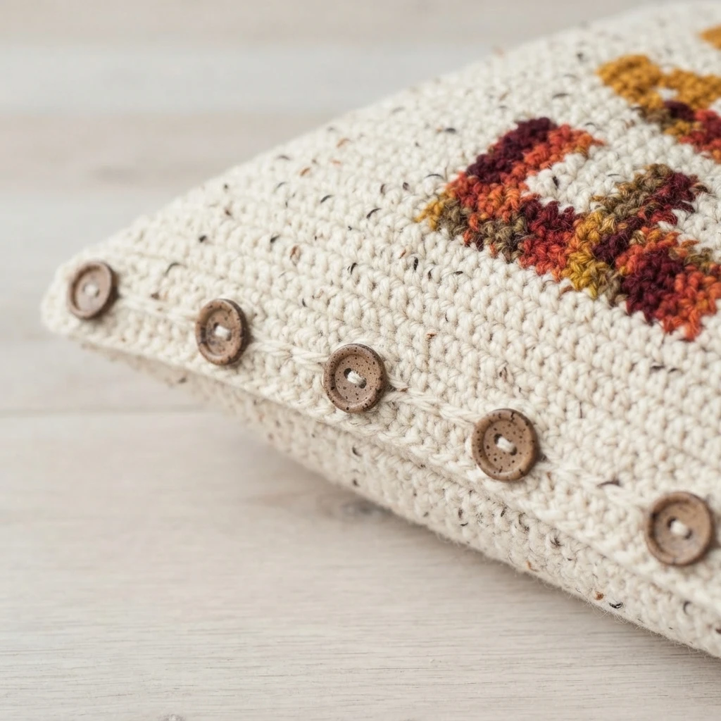Close-up of a cream crochet pillow edge with five brown buttons and part of a multicolored crocheted motif.