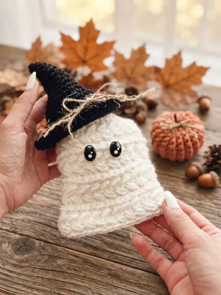 A hand holds a cream crocheted ghost wearing a black hat beside an orange crocheted pumpkin, with autumn leaves and acorns in the background.