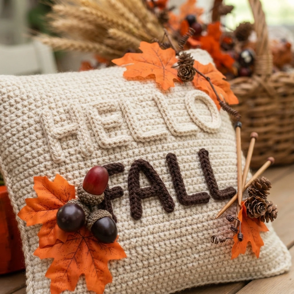 Coussin crocheté écru avec les mots « HELLO FALL » en lettres en relief, entouré de feuilles orange, de glands et de crochets.