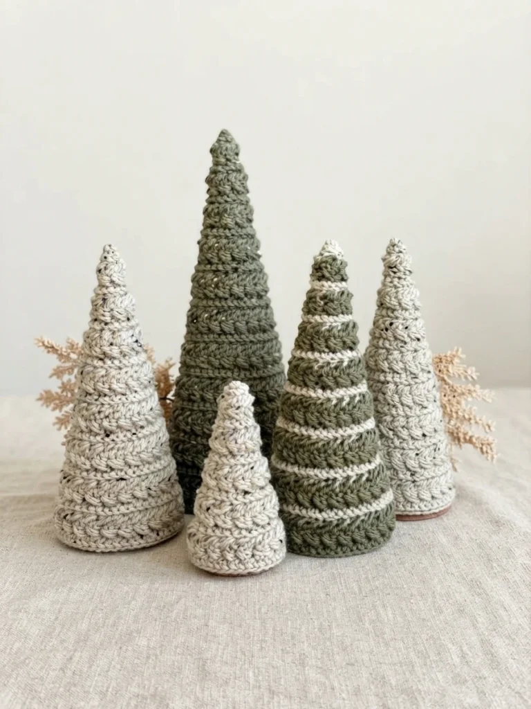 Several crocheted trees in cream and muted green yarn arranged together on a table.