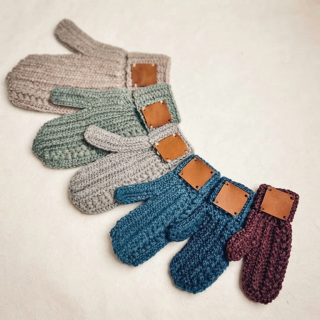 A fan of crocheted mittens in neutral, sage green, blue, and burgundy yarn with leather labels.