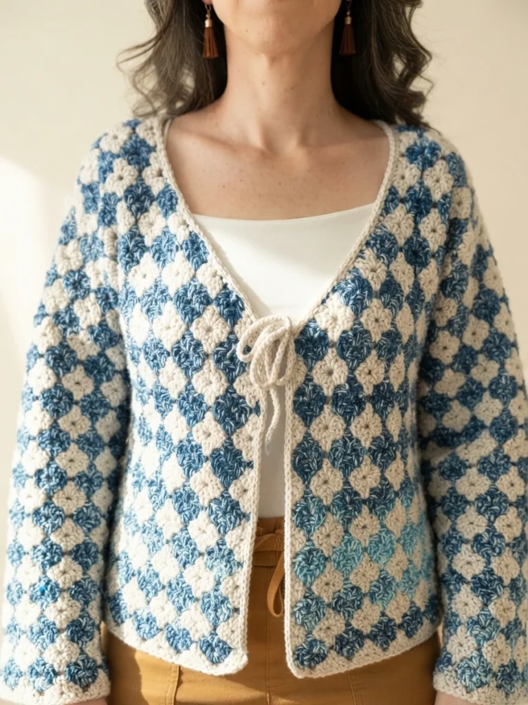 A person wearing a blue and cream granny-square crochet cardigan with long sleeves and a tie at the front.