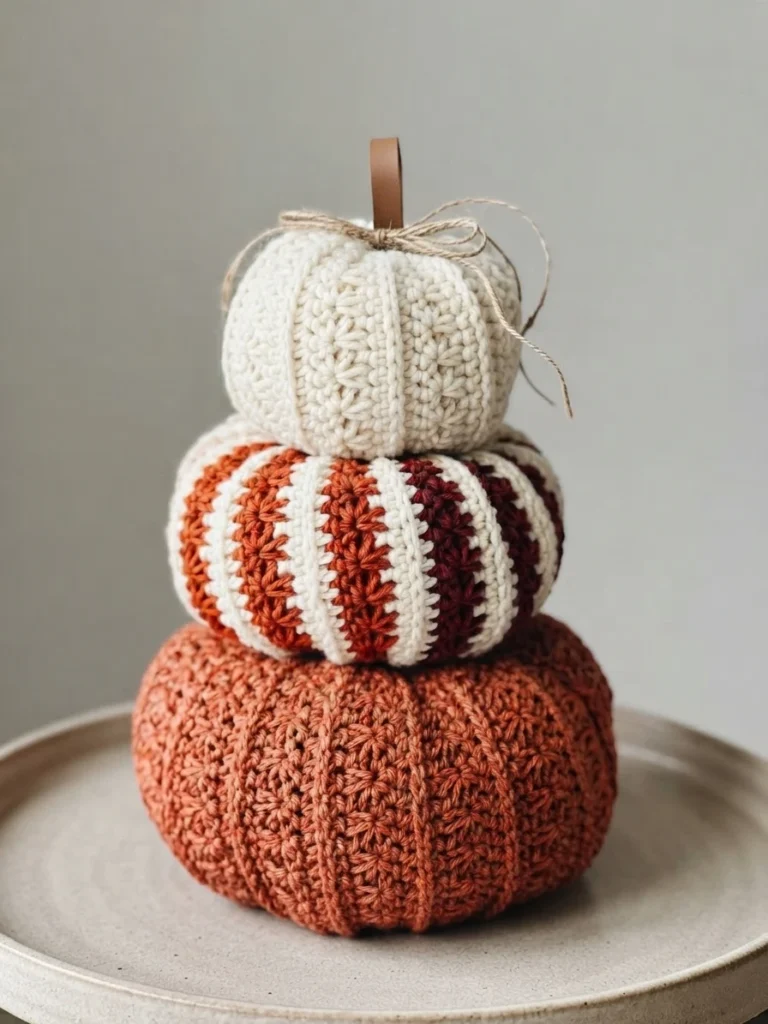 Three crocheted pumpkins stacked together: a large rust-orange pumpkin, a striped orange and cream pumpkin, and a small cream pumpkin with a twine bow and brown stem.