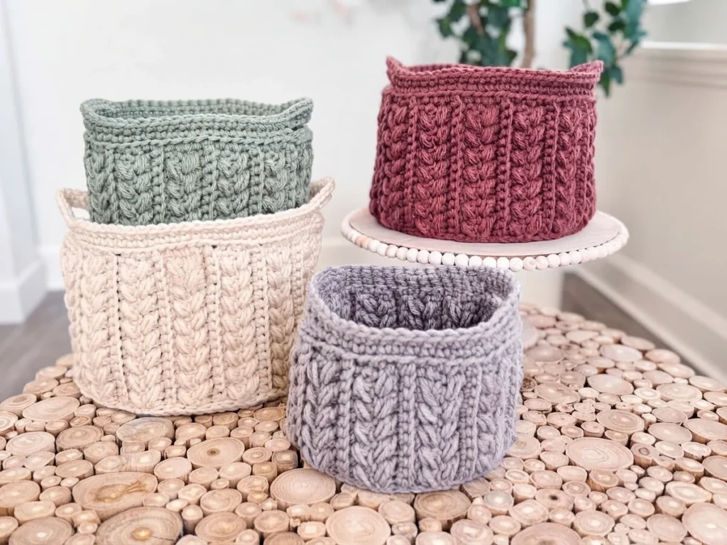 Four crocheted baskets in sage green, cream, mauve, and gray arranged on a round table made of wood slices.