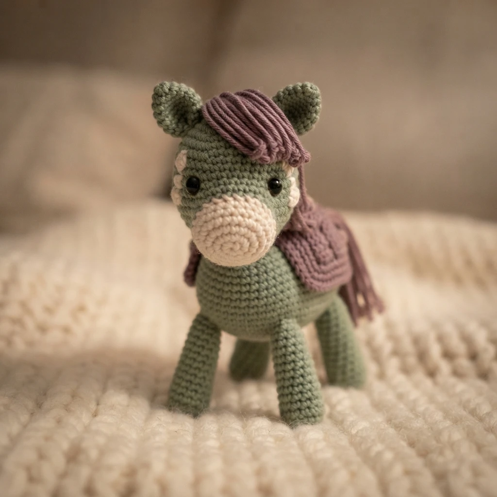 Small sage-green crocheted pony standing on a cream knitted blanket, with a mauve yarn mane, matching crocheted saddle blanket, cream muzzle and black safety eyes.