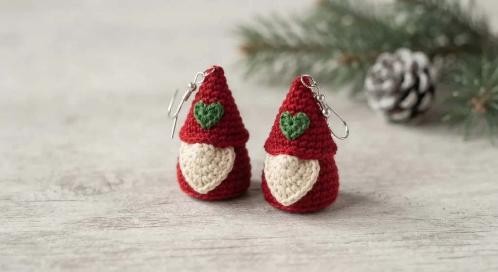 Two crochet gnome earrings with red cone hats, small green hearts on the hats and cream heart-shaped beards, hanging from silver ear wires above a pale wood surface with a blurred pinecone and pine sprig behind them.