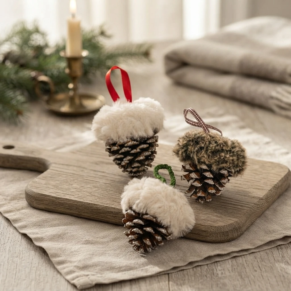 Three pinecone ornaments with fluffy caps and ribbon or yarn hanging loops arranged on a wooden board.