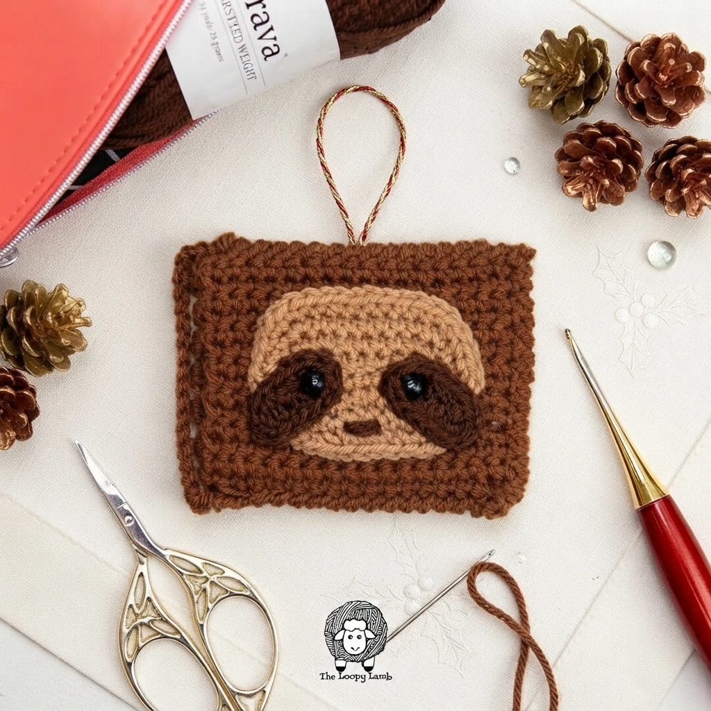Brown crocheted sloth-face gift card holder with a hanging loop, surrounded by crochet tools and pinecones.