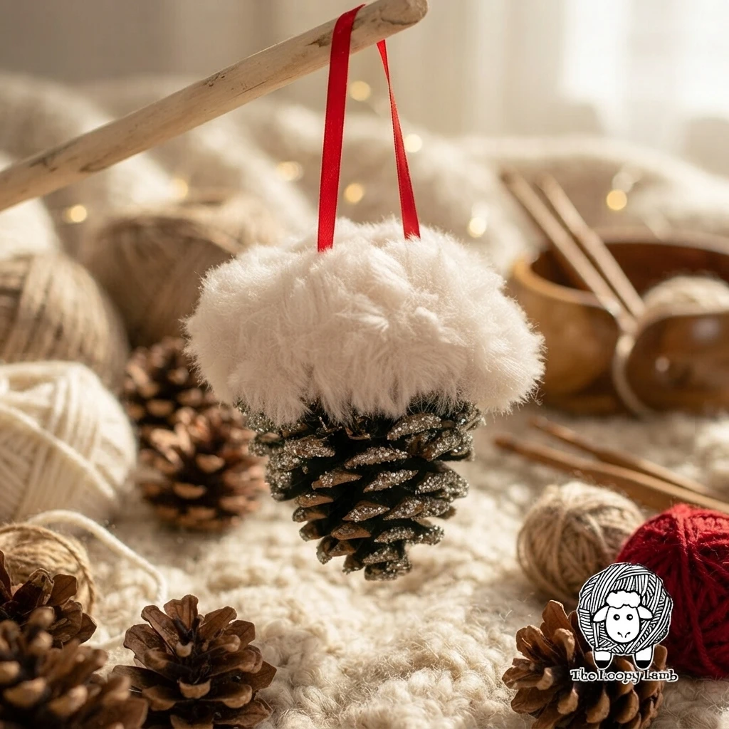 A glittered pinecone ornament with a fluffy white cap and red ribbon, hanging among yarn and pinecones.