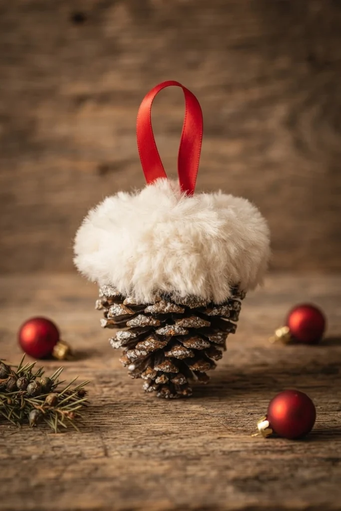 Ornement de Noël composé d’une pomme de pin aux écailles saupoudrées de blanc, coiffée d’un capuchon en fausse fourrure blanche et suspendue par un ruban rouge.
