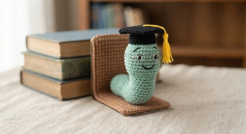 Crocheted mint green bookworm with round glasses and a black graduation cap with a yellow tassel, resting on a brown crocheted bookend base next to a stack of books on a light fabric surface.