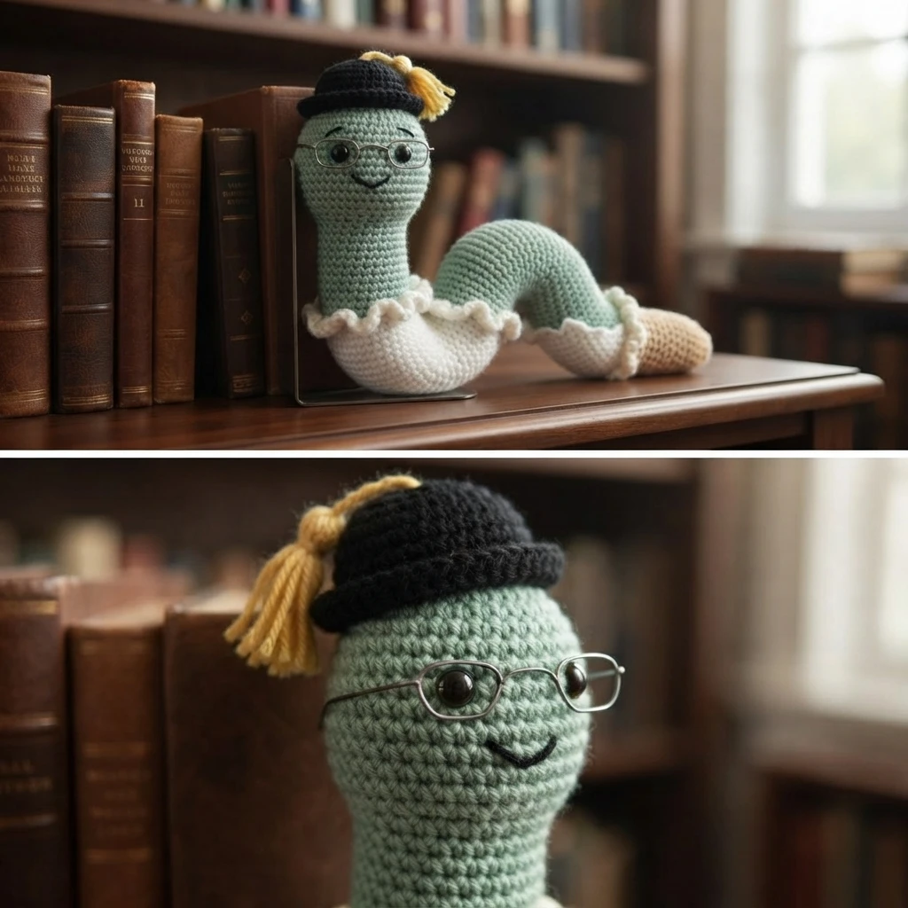 Crochet bookworm bookend in pale green with a black cap and yellow tassel, wire glasses and a white ruffled section, sitting beside brown books on a wooden shelf