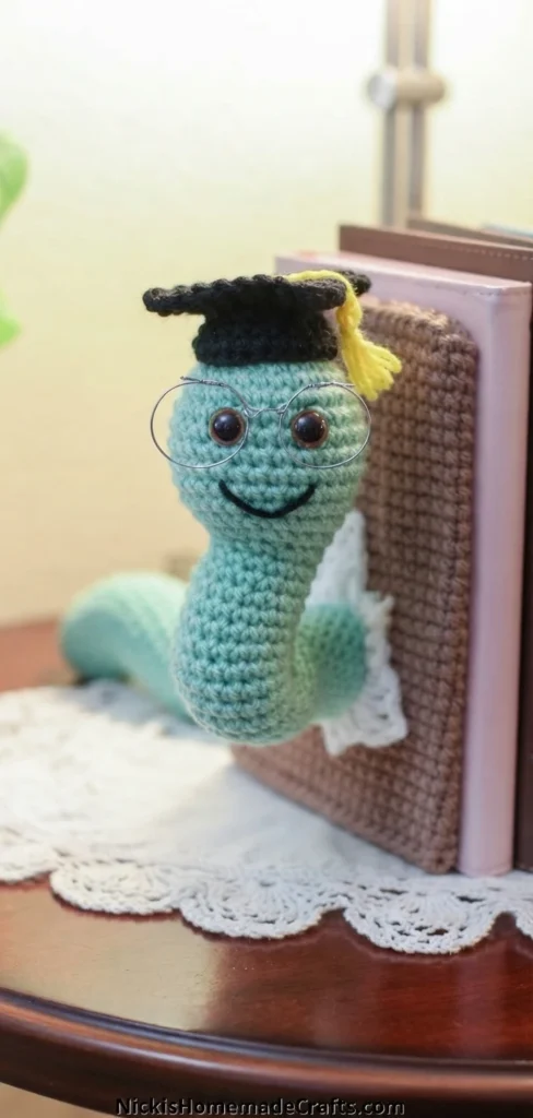 Close-up of a crocheted pale teal bookworm bookend with a stitched smile, wire glasses, a black graduation cap with a yellow tassel and a white crochet detail, leaning against a brown crocheted sleeve and a stack of books on a lace doily.