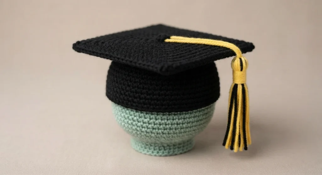 Crocheted black graduation cap with a flat square top and a yellow and black tassel hanging at the side, resting on a pale green crocheted round base against a plain light background.