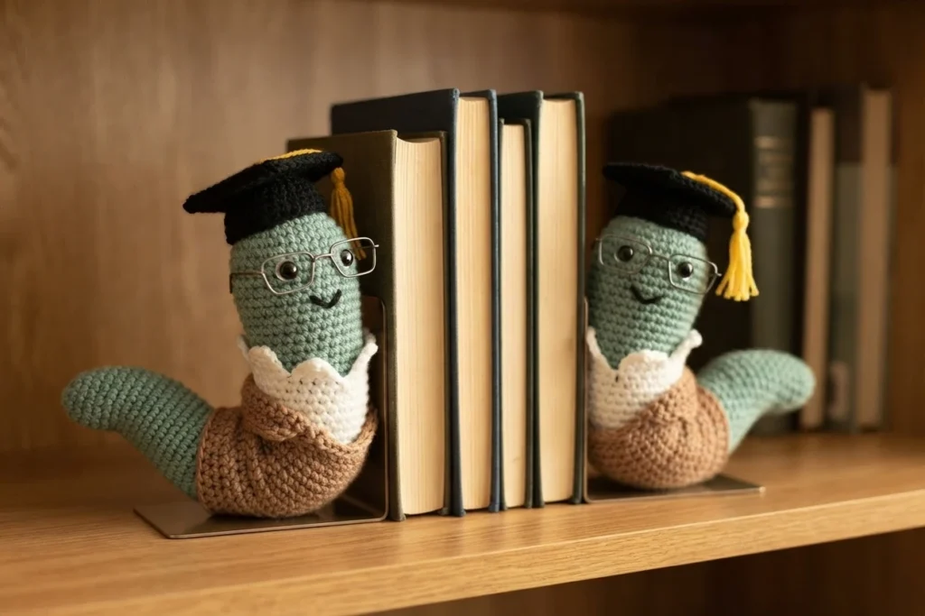 Two crocheted green bookworm bookends wearing black graduation caps with yellow tassels, wire glasses and white ripped paper collars, holding a row of books on a wooden shelf.