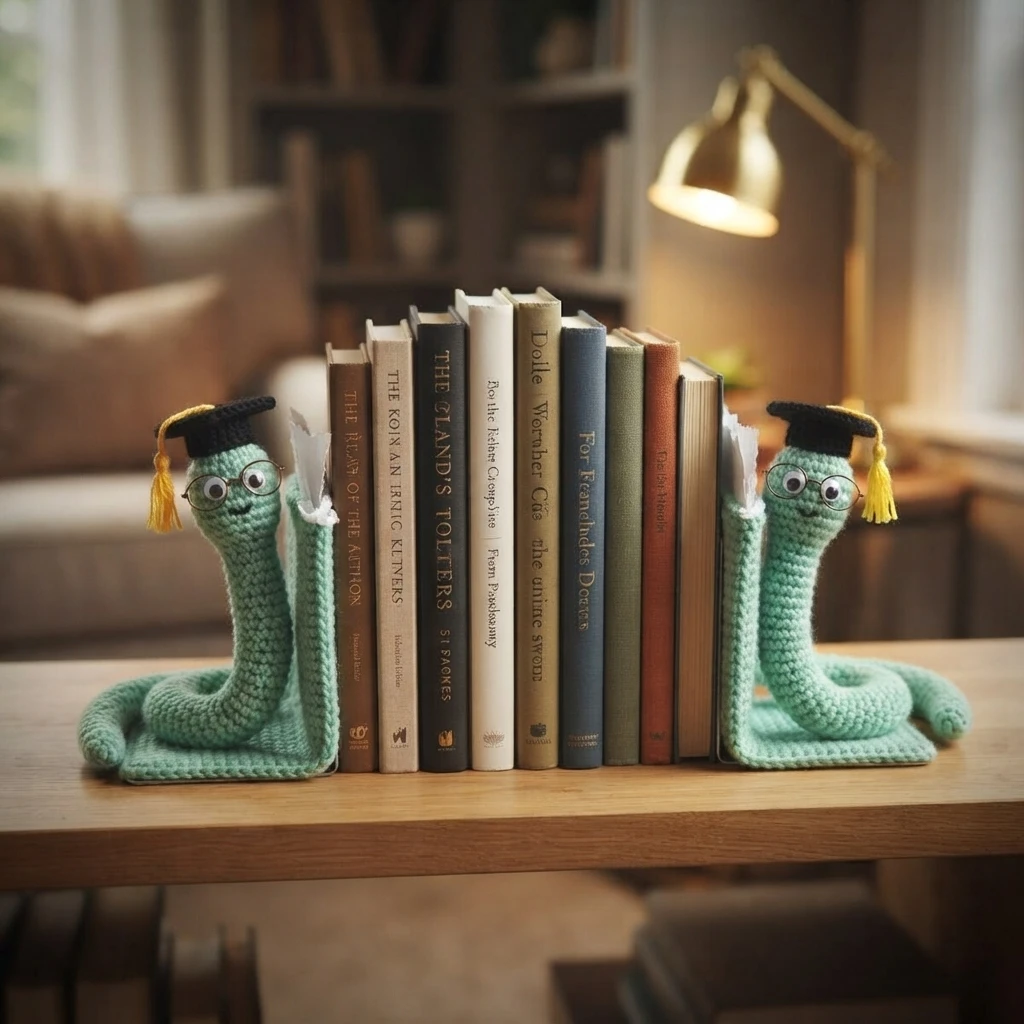 Two light green crochet bookworm bookends, each wearing a black graduation cap with a yellow tassel and round glasses, holding up a stack of hardcover books on a wooden shelf with white paper-like ruffles between the worms and the books, a