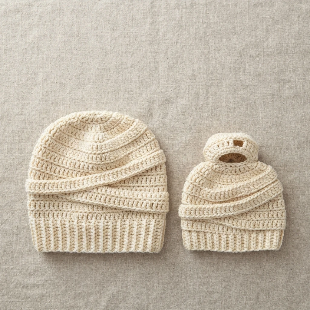Two cream crocheted mummy-style messy bun beanies with wrapped strips and ribbed brims on beige linen, one large and one small