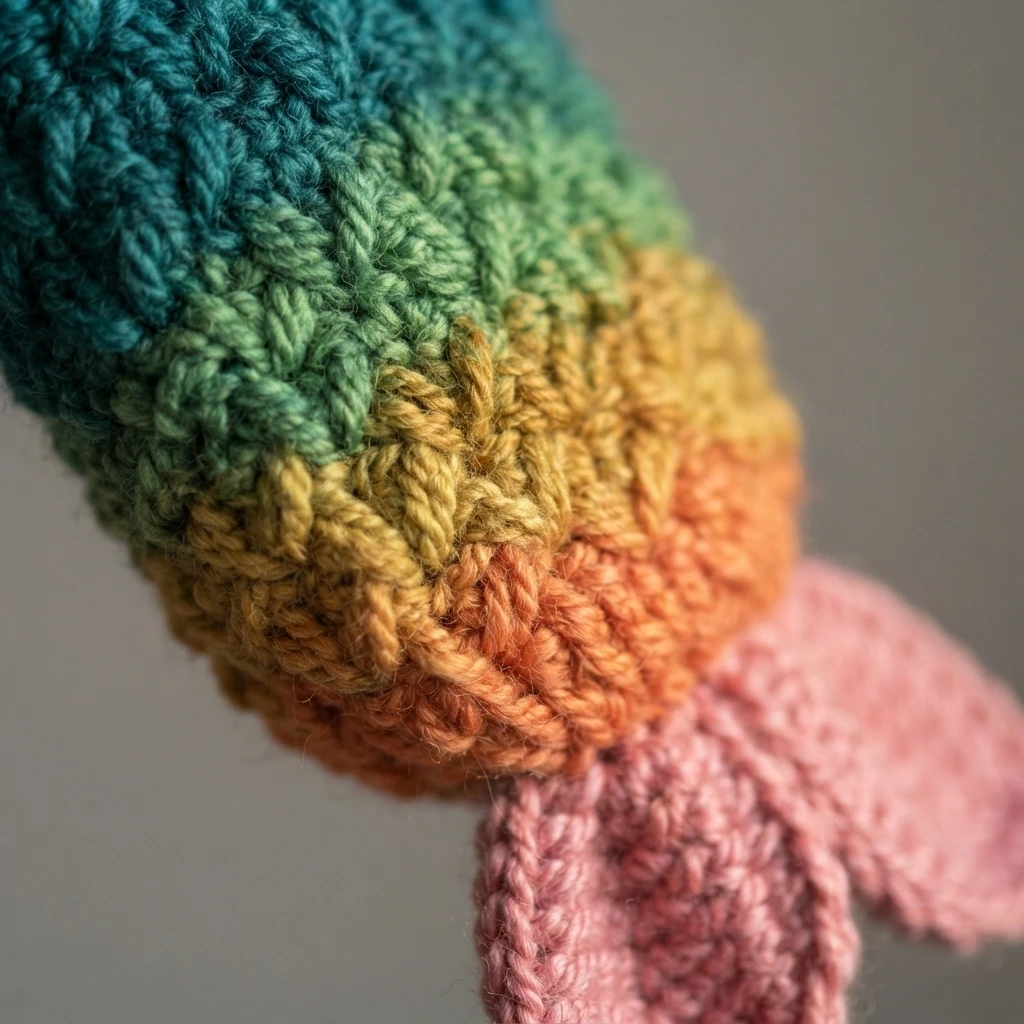 Close-up of a crocheted bottle cozy shaped like a mermaid tail in teal, green, yellow, orange and pink yarn