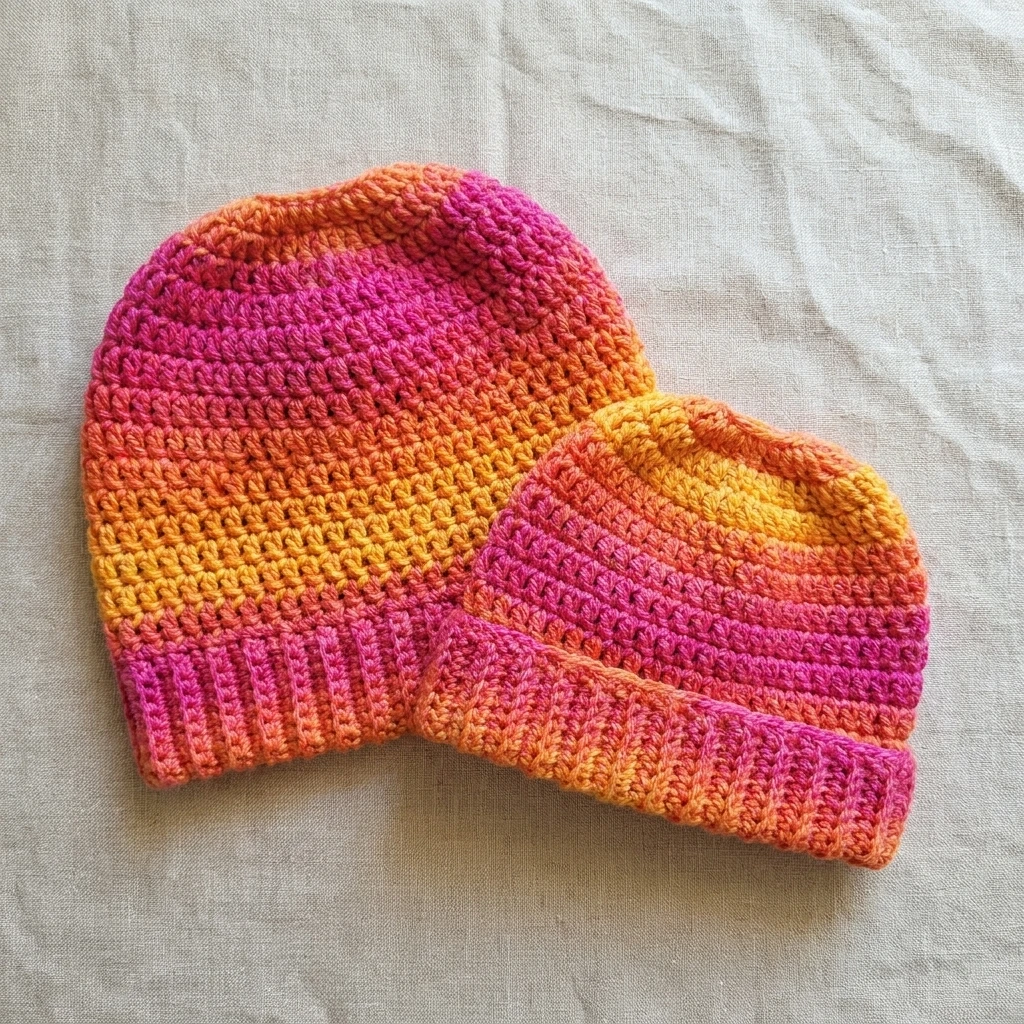 Two striped crochet beanies in pink, orange and yellow on light fabric