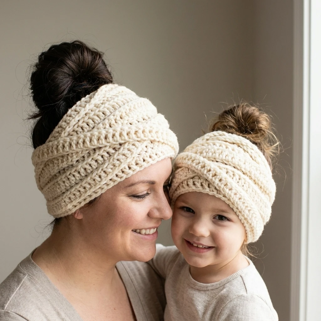 Woman and young child wearing matching cream crochet messy bun beanies with wrapped strips, smiling indoors