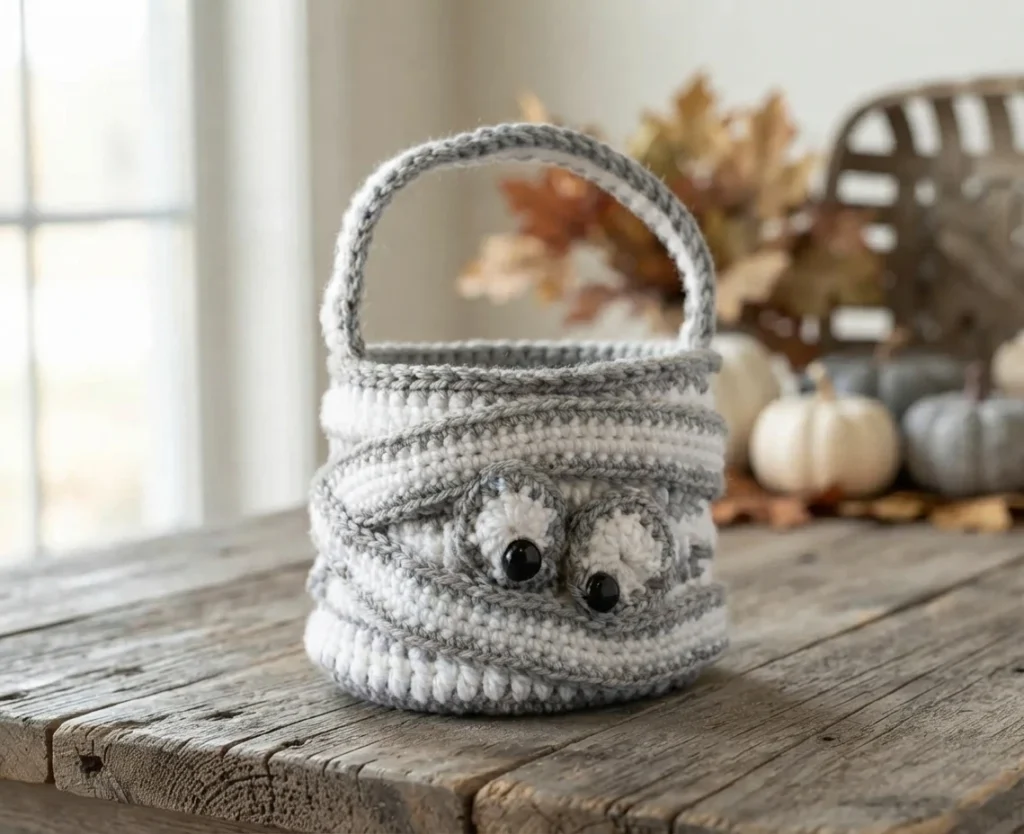 Petit sac crocheté de momie gris et blanc, avec une anse arrondie, des bandes enroulées et deux yeux noirs.