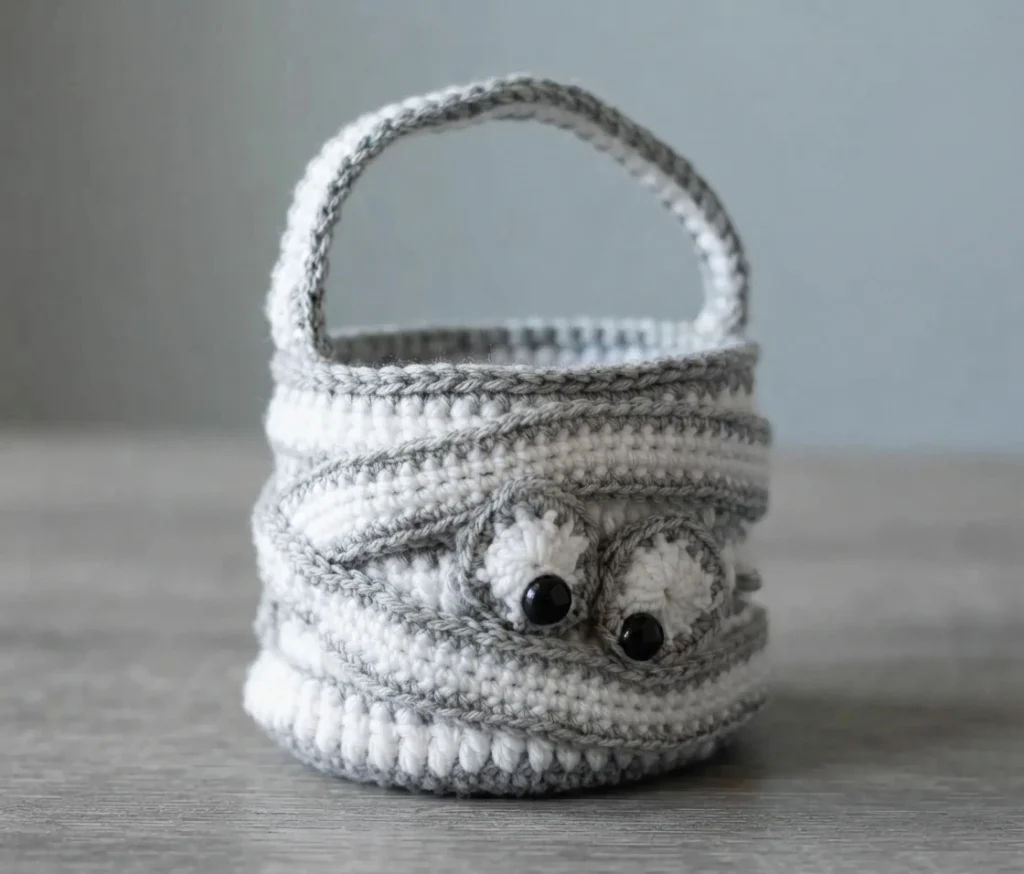Petit sac crocheté de momie gris et blanc, avec une anse, des bandes diagonales et deux yeux noirs.