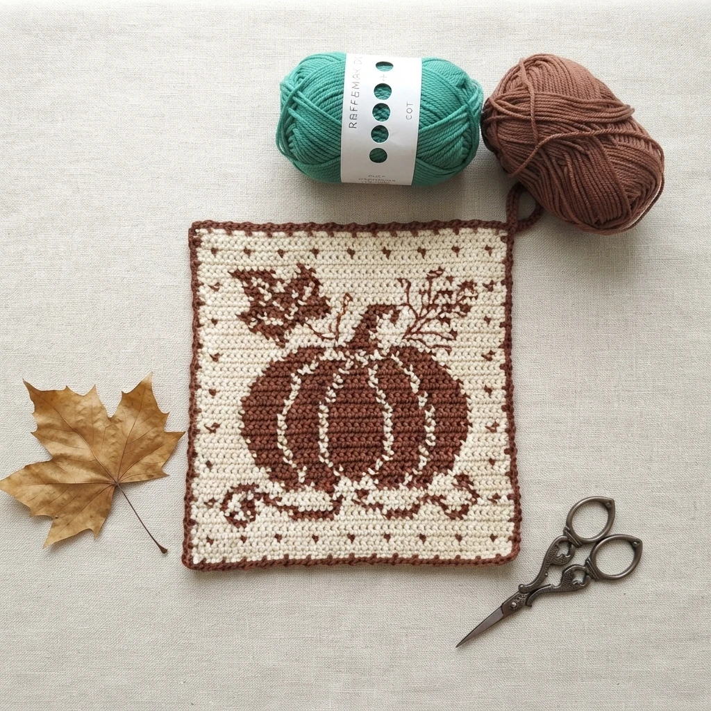 A square cream crochet potholder with a brown pumpkin motif and brown border, arranged with yarn, a leaf, and scissors.