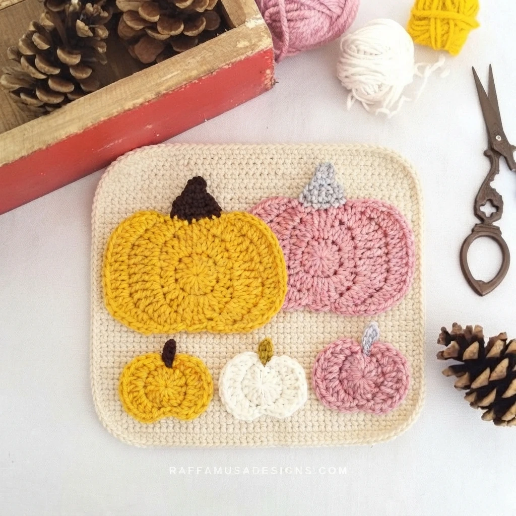 Manique carrée crème décorée de cinq citrouilles crochetées jaunes, roses et blanches, avec des tiges contrastantes.