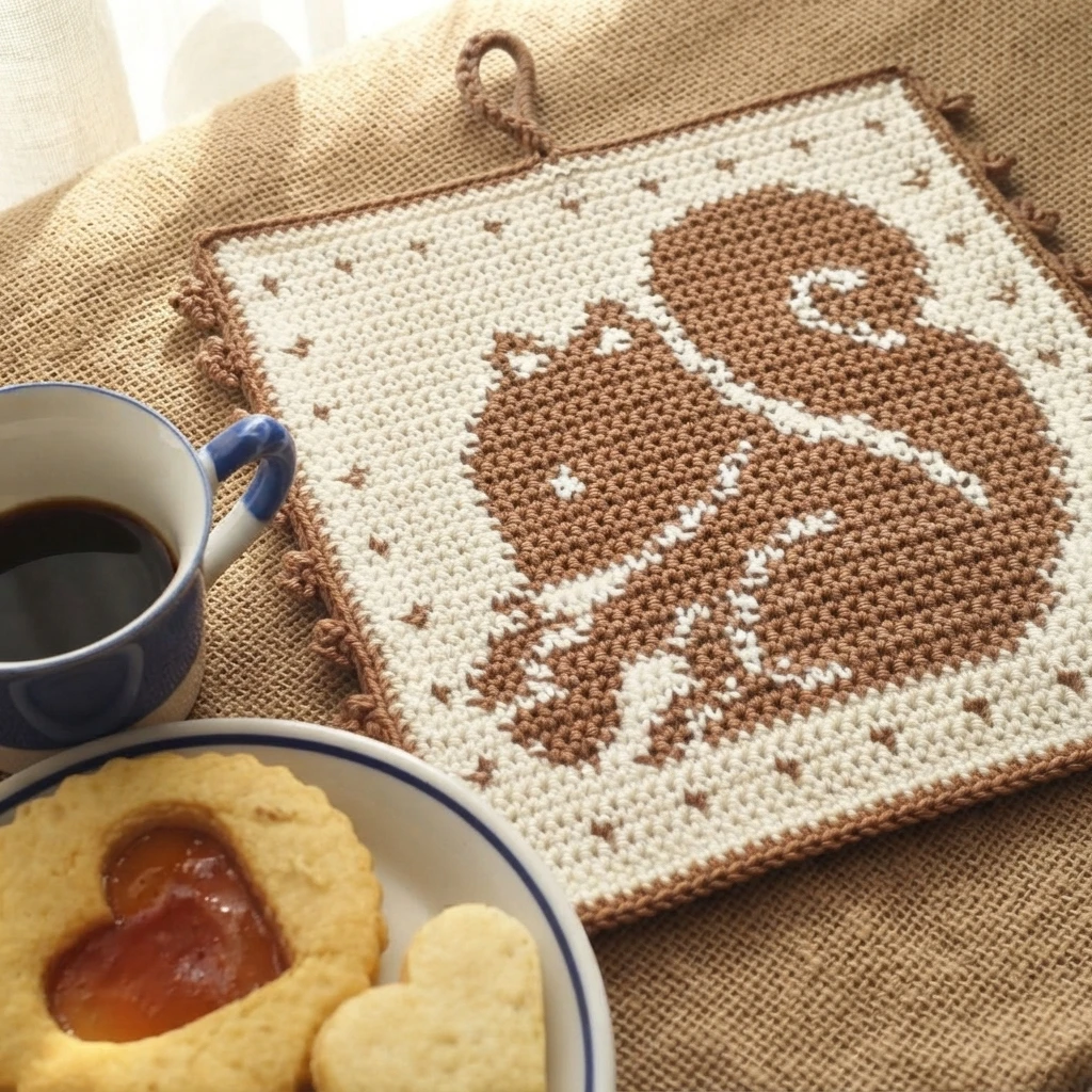 A cream and brown crocheted square potholder with a squirrel motif and hanging loop, beside a cup of coffee and a plate of cookies.