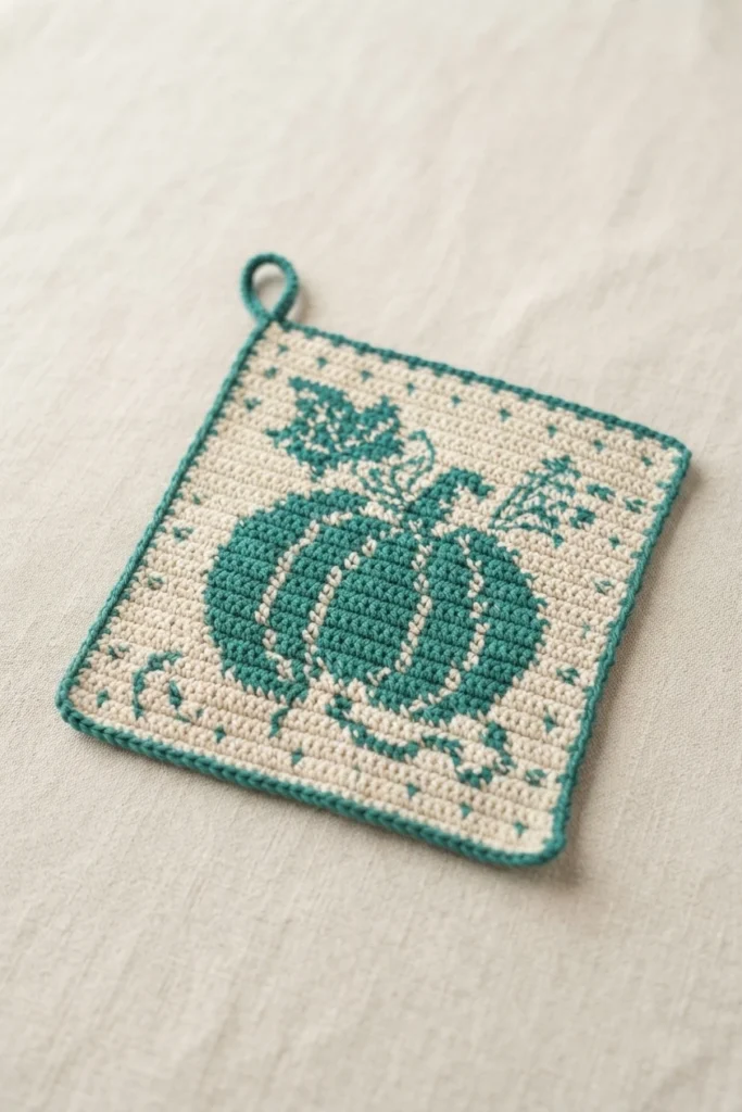 Manique crochetée carrée crème et turquoise, décorée d’une grande citrouille et de feuilles, avec une bordure turquoise et une boucle de suspension.