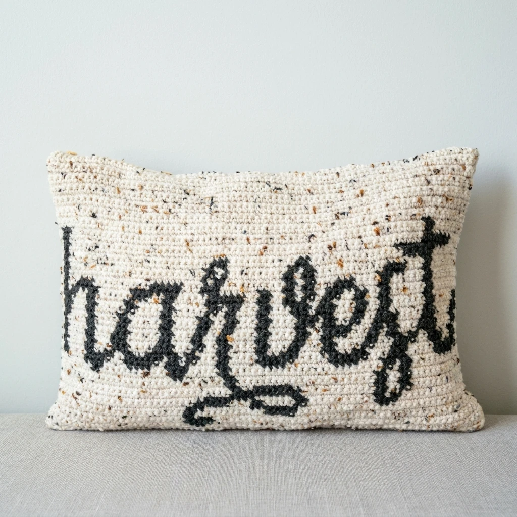 Cream tweed crochet pillow cover with the word harvest worked in black script, resting on a grey sofa against a plain light wall.