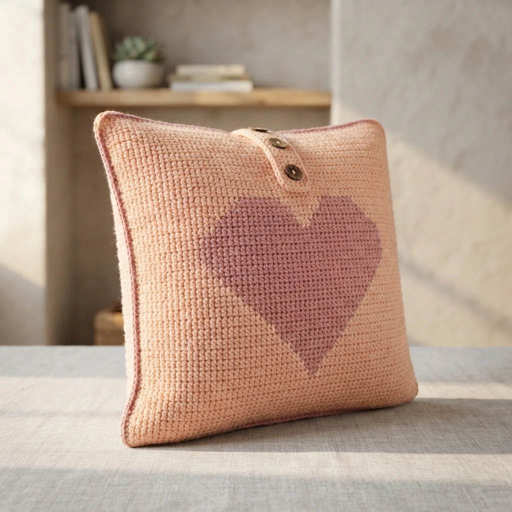 Crocheted square pillow with a large pink heart motif centered on a peach background and a buttoned flap at the top edge, resting on a table in a softly lit neutral room with a blurred shelf and plant behind it.