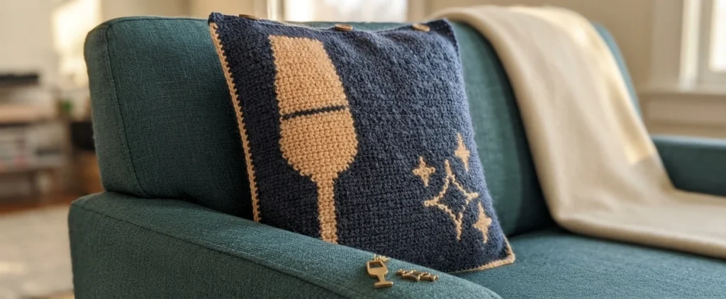 Navy blue crocheted pillow cover with a large tan wine glass motif and small star shapes worked into the front, edged with a contrasting border and fastened with buttons along the top, resting on a teal sofa beside a cream throw and small b