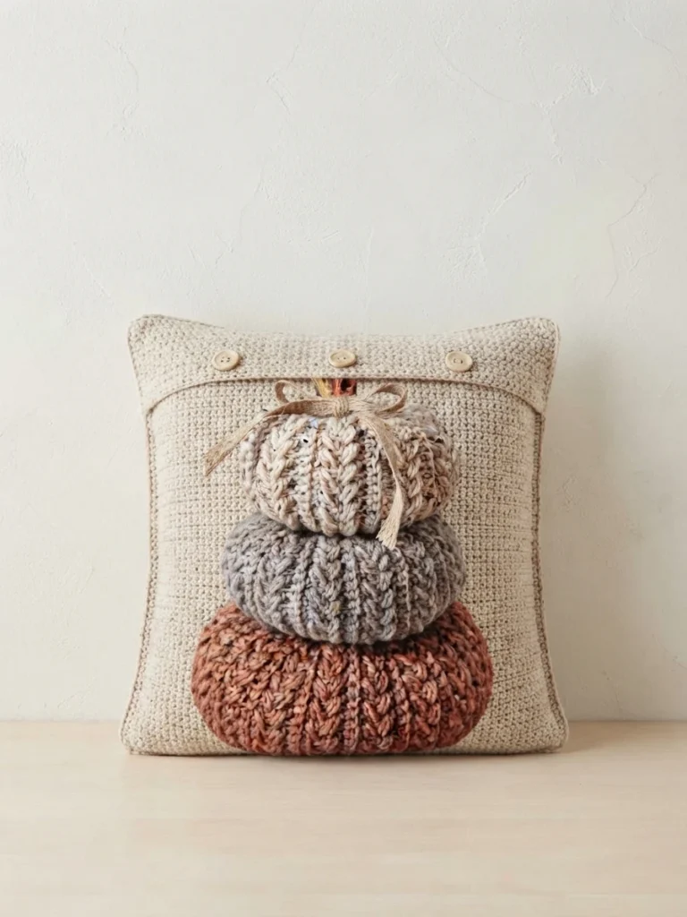 Cream crochet pillow with a buttoned flap, with three stacked textured crochet pumpkins in cream, gray and rust tied with twine, styled on a light wood surface against a white wall.