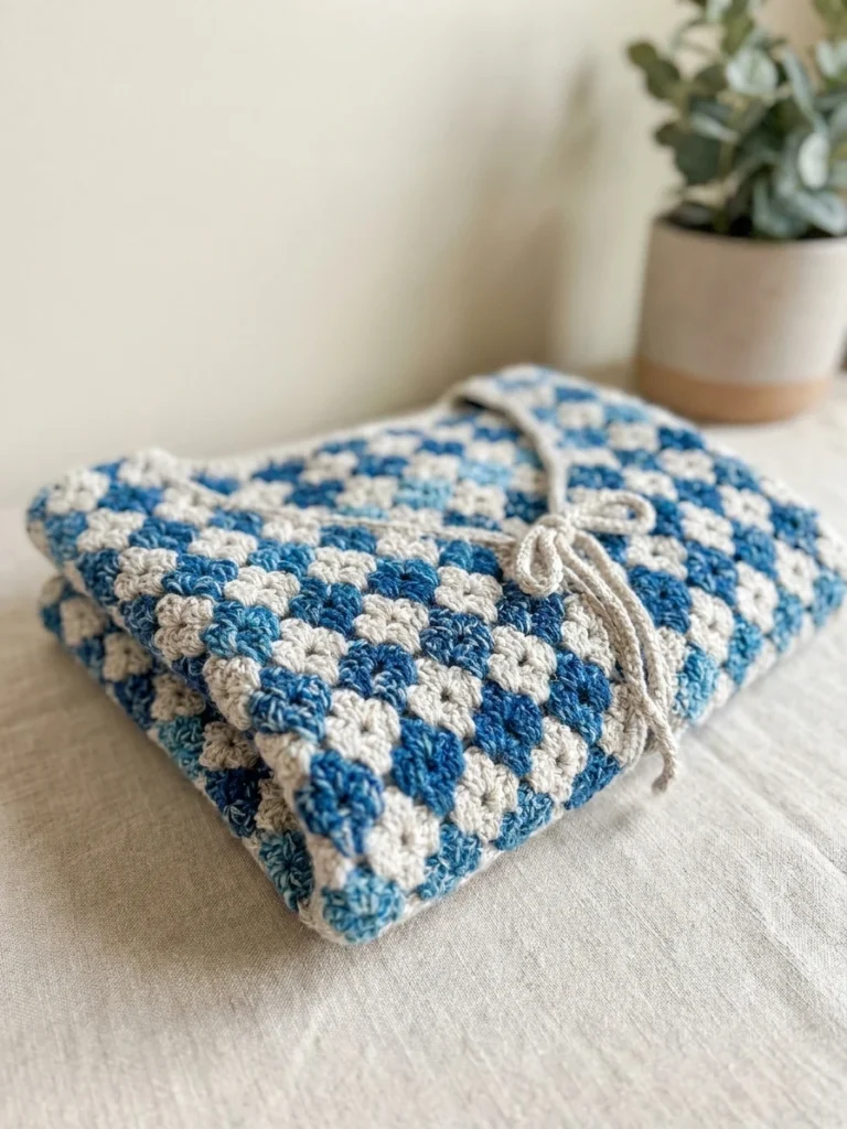 Folded blue and cream granny square crochet cardigan tied at the front with a cord, resting on a light linen surface beside a small potted plant against a plain wall.