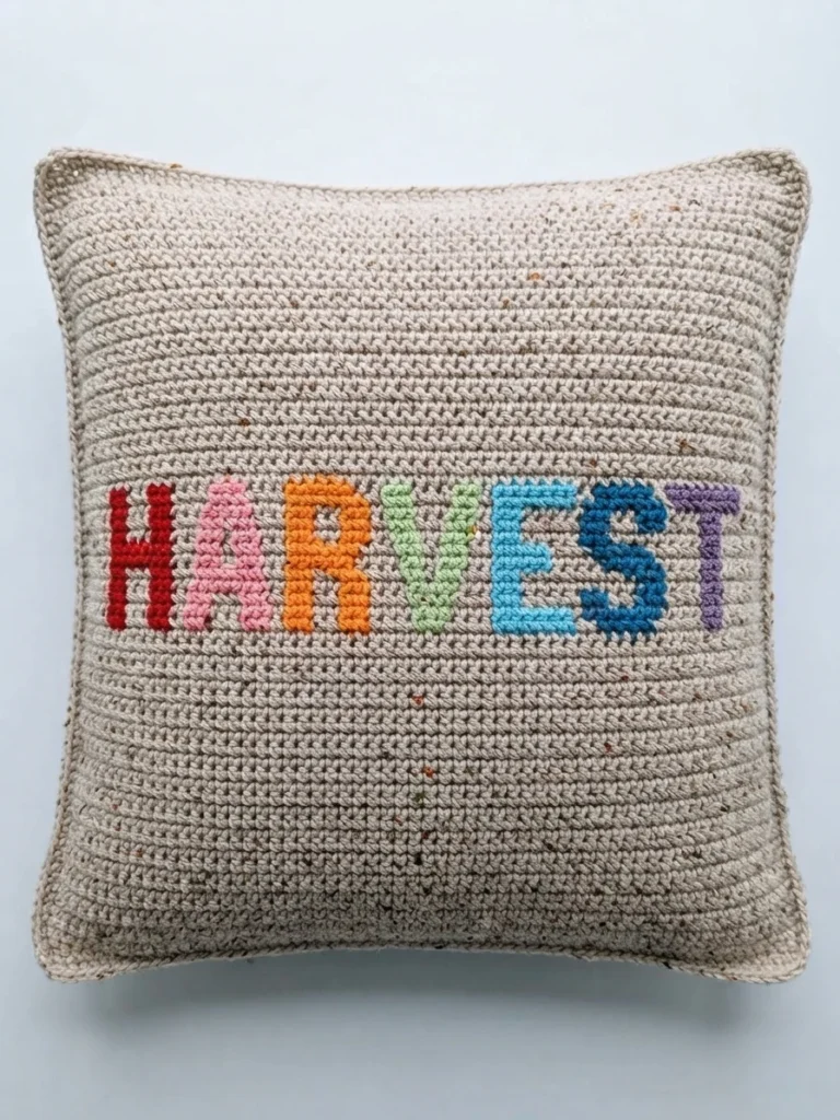 A square cream tweed crochet pillow with the word HARVEST worked in multicolored block letters in red, pink, orange, green, blue and purple, shown against a plain pale background.