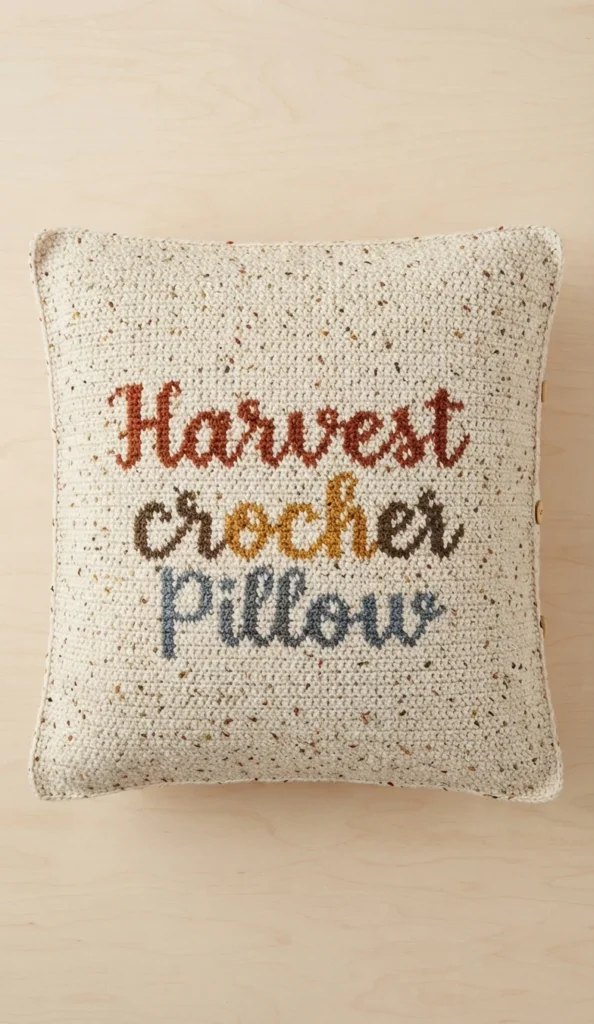 Coussin carré au crochet en fil écru moucheté, posé sur une surface de bois clair, portant les mots Harvest Crochet Pillow brodés en brun rouille, olive, moutarde et bleu-gris, avec de petits boutons alignés sur le bord droit.