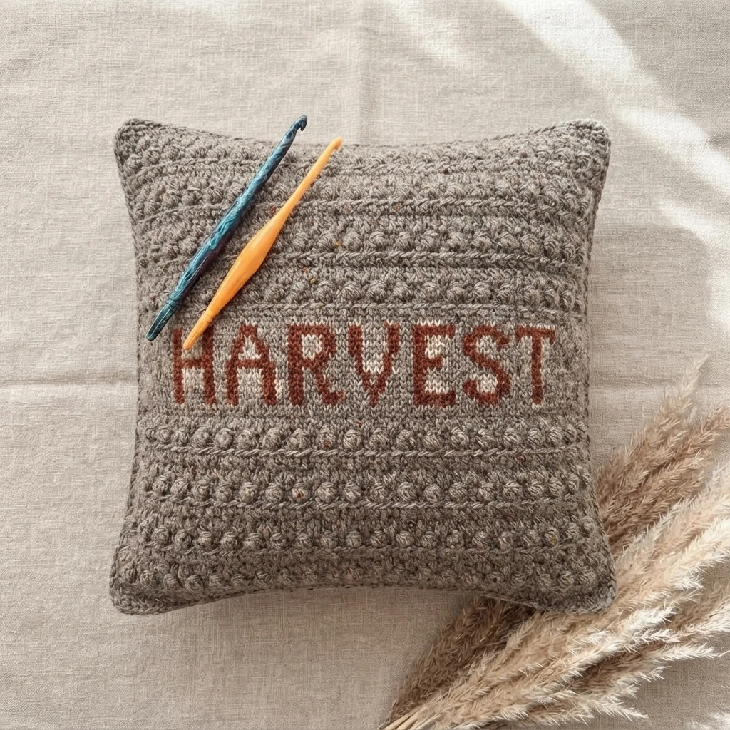 Gray crochet pillow cover with the word HARVEST in rust brown block letters, a blue-green marbled crochet hook and an orange crochet hook resting on top, on a light linen surface with dried pampas grass.