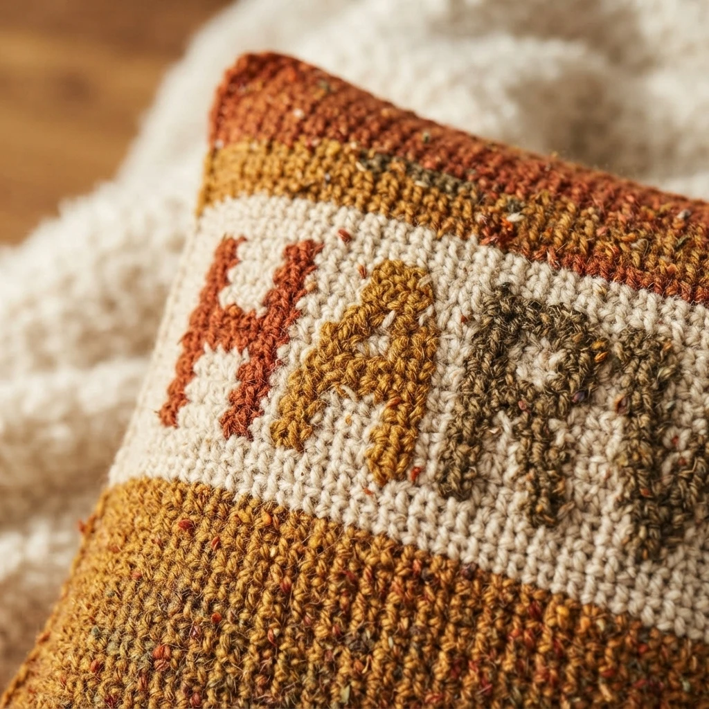 Close-up of the corner of a crocheted pillow cover with colorwork letters in rust, mustard and olive on a speckled oatmeal background, framed by rust and mustard striped bands.