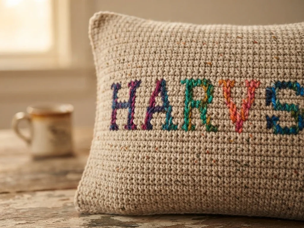 Cream textured crochet pillow on a wooden table, stitched lettering reading HARV in multicolored yarn, blurred mug in the background