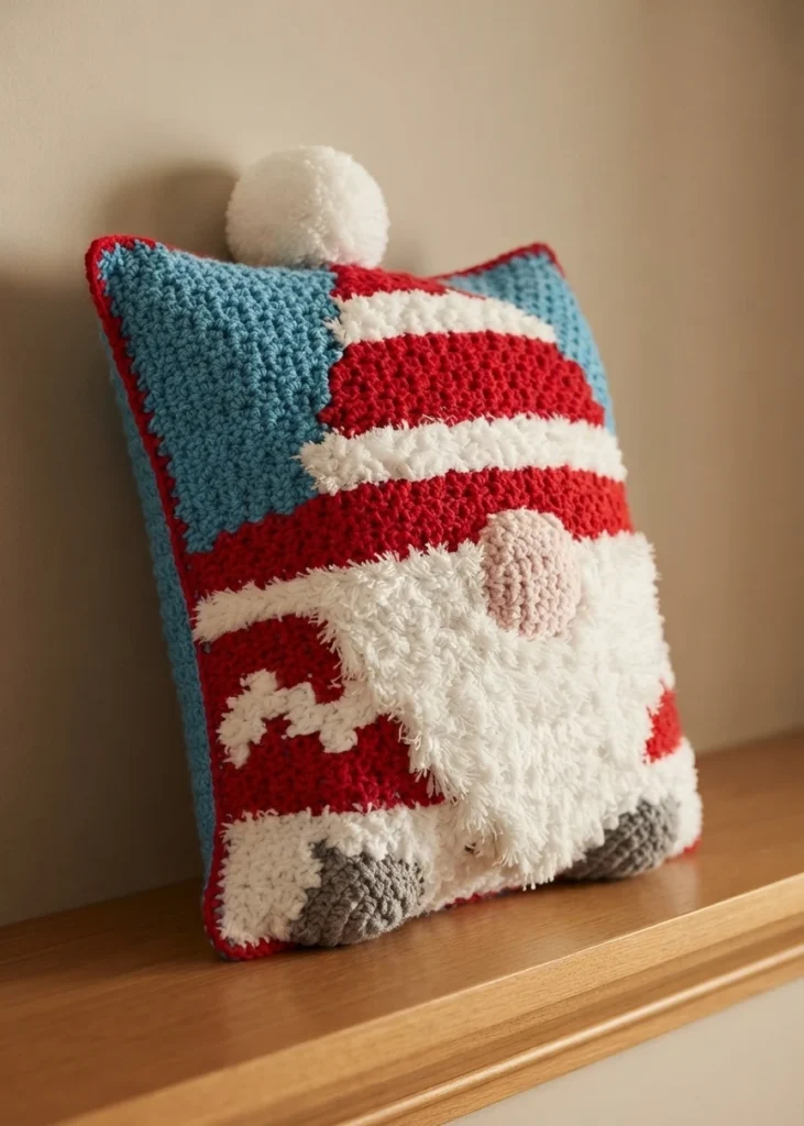 Crocheted corner to corner pillow with a red and white striped gnome hat, a fluffy white beard, a pink nose, grey boots and a white pom pom on top, displayed upright on a wooden shelf against a beige wall.
