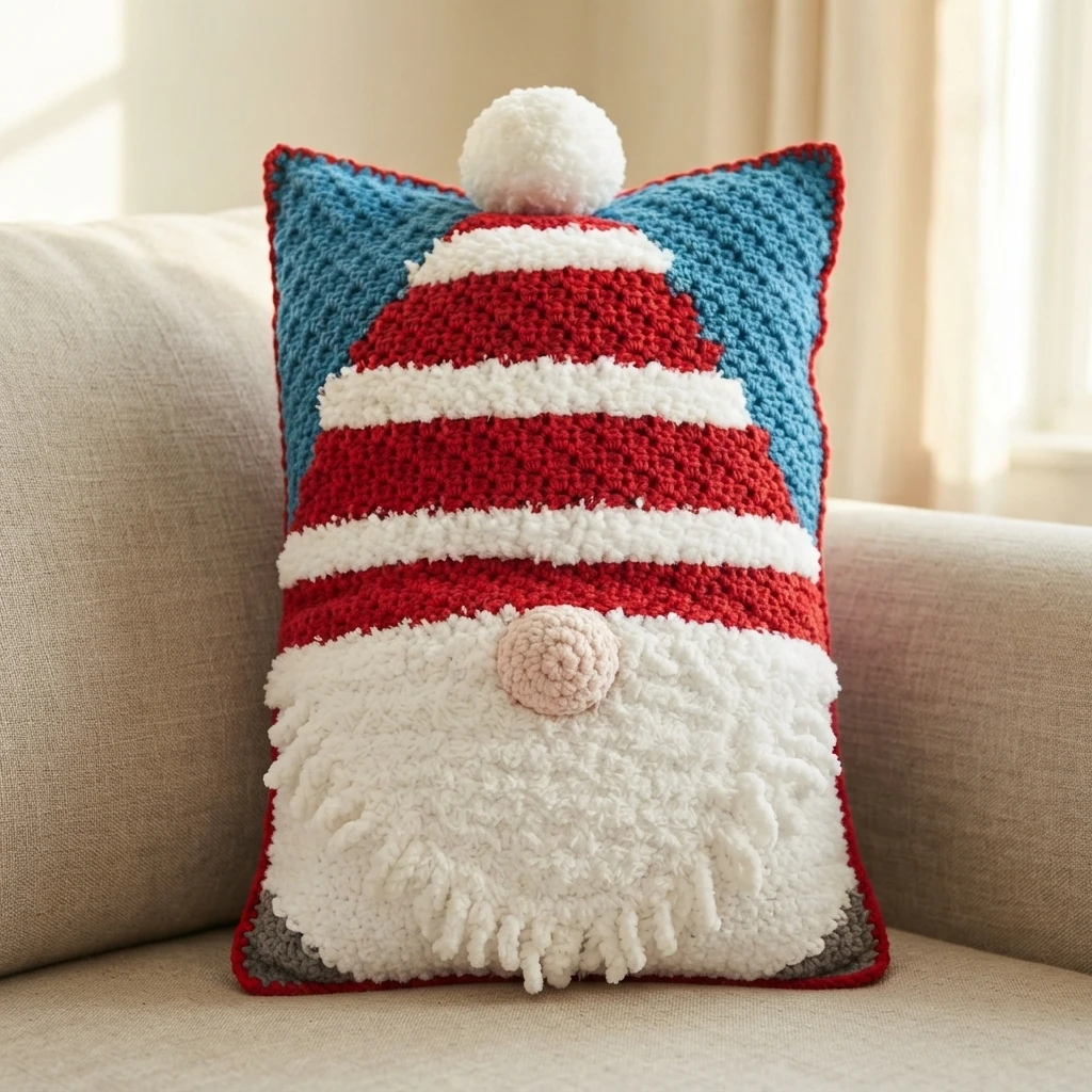 Crocheted gnome pillow with a red and white striped hat, white pom pom on top, blue background squares, pink nose and a fluffy white beard, propped on a beige couch.