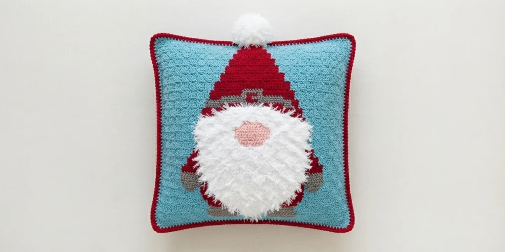 Square crocheted pillow with a light blue background, a red gnome hat topped with a white pom pom, a fluffy white beard with a pink nose, grey mitten shapes at the sides and a red crocheted border around the edge.