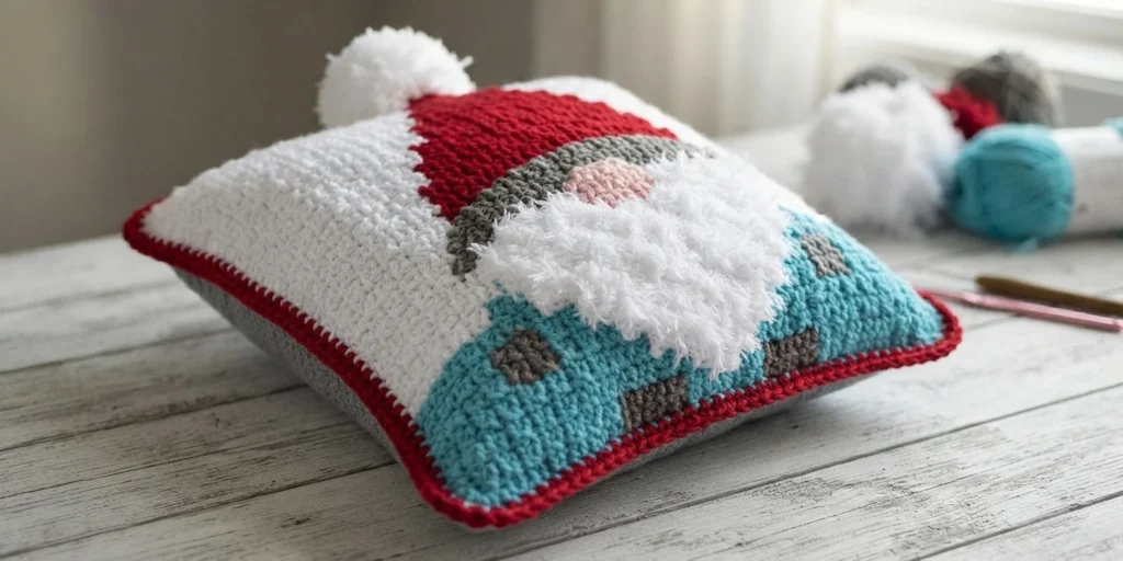 Crocheted gnome pillow with a white pom pom on top, a red and white striped hat, a pink nose with a grey band, a fluffy white beard, a teal lower section with grey square motifs and a red edging, shown at an angle on a pale wood surface wit