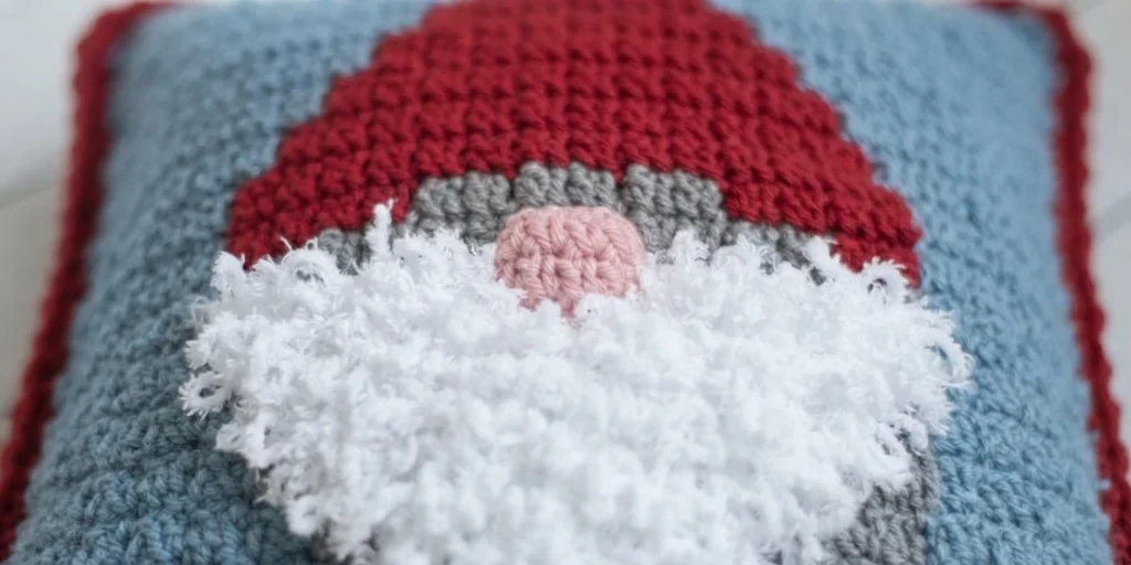 Close-up of the crocheted gnome pillow front showing a red hat, a grey band, a pink nose and a fluffy white beard against a light blue background with a red border.
