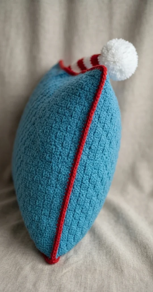 Crocheted blue corner to corner pillow photographed at an angle on a beige fabric surface, showing a textured blue panel with a red crochet edging running along the seam and a white pom pom resting at the top corner above a small glimpse of