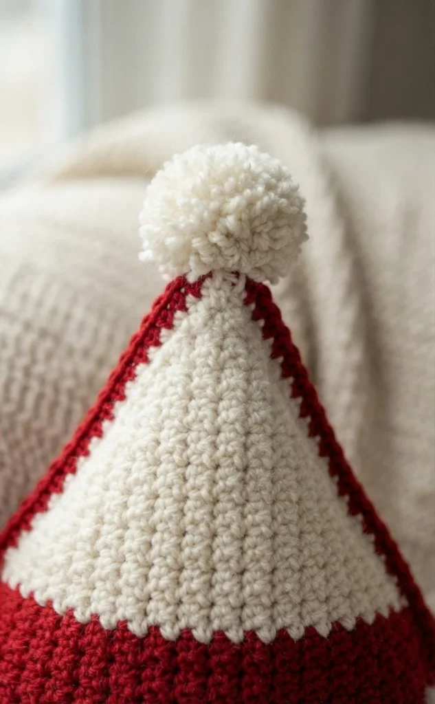 Close-up of a crocheted gnome hat with a cream textured cone shape, red trim along the sides and a red base, topped with a fluffy white pom pom, resting on a soft neutral blanket.