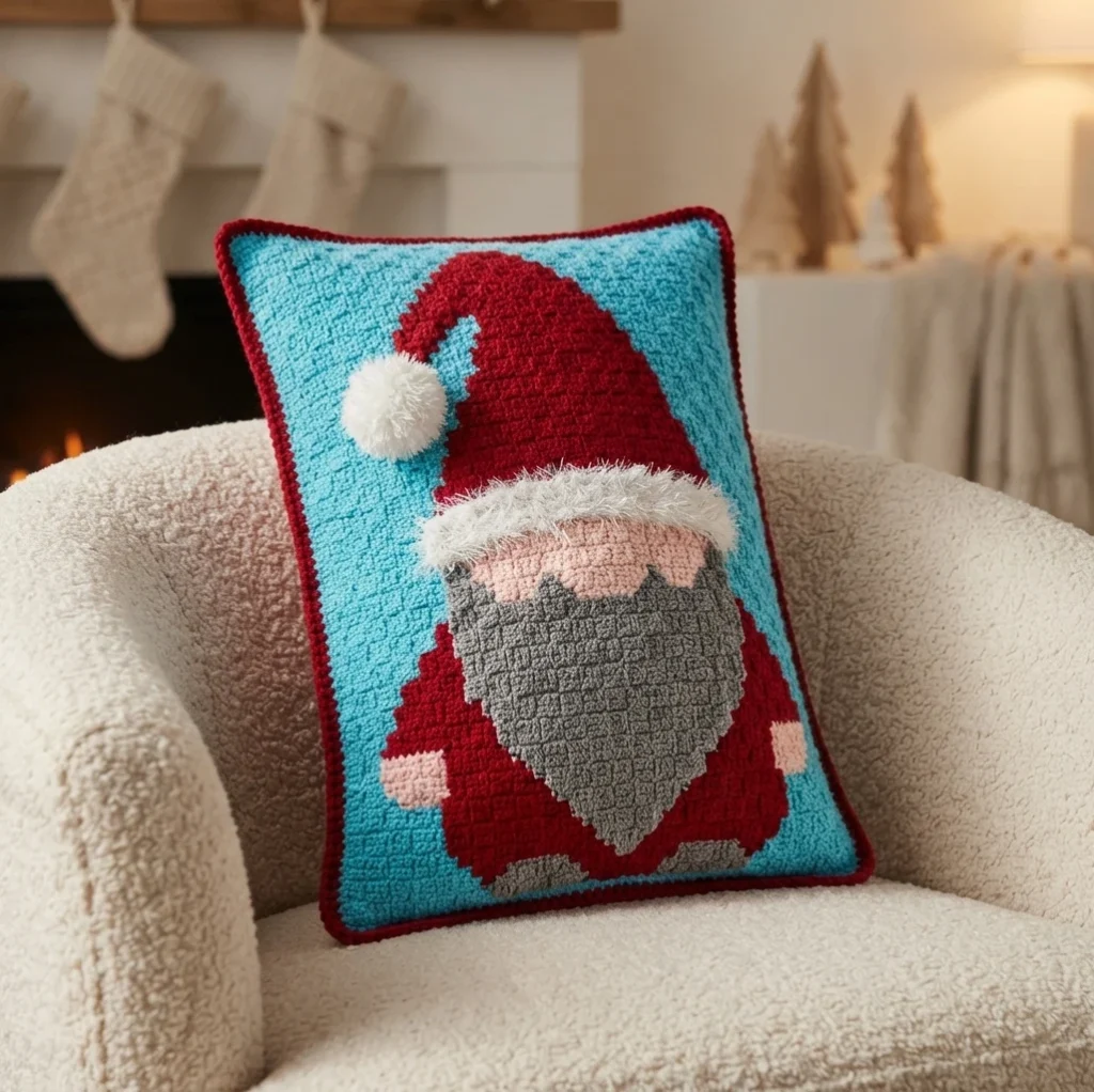 Blue crochet pillow with a red and white gnome motif, red pointed hat with a white pom pom, pink face and grey beard, bordered in dark red and displayed on a cream armchair in front of a fireplace.