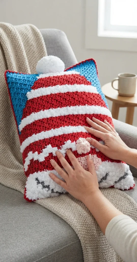 Finished crocheted gnome pillow in blue, red and white with a white pom pom on top of a striped hat, a pink nose and a textured white beard, held by two hands on a grey armchair next to a folded blanket and a mug on a small table.