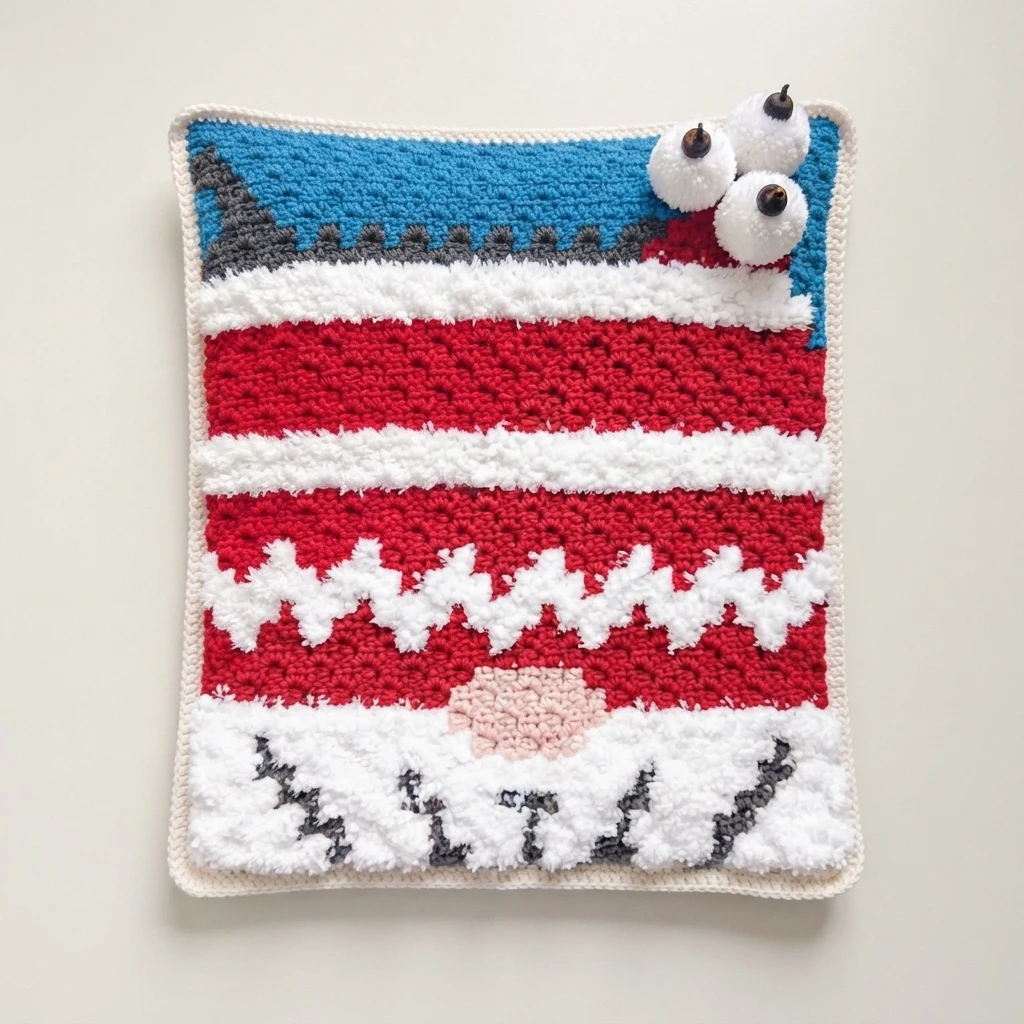 Crochet panel laid flat on a white surface, with horizontal red and white stripes, a blue upper section crossed by a grey diagonal band, a pink nose patch, grey beard details, a light border, and three white pom poms pinned in the top right